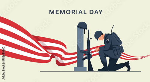 Memorial Day Soldier Kneeling at Grave with American Flag