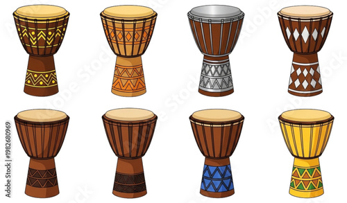 Vector Set of Colorful African Drums with Various Designs for Music, Cultural, and Traditional Instrument Illustrations
