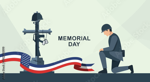 Memorial Day soldier kneeling by cross grave with rifle and flag