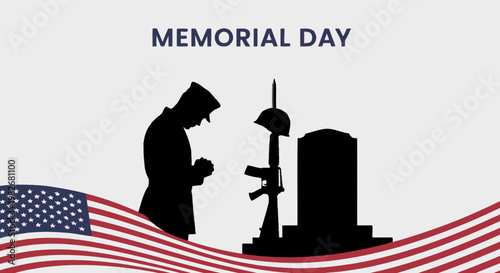 Memorial Day soldier silhouette praying at grave with American flag