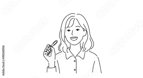 Woman holding a makeup brush, line art illustration.
