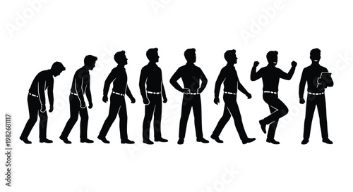 Evolution of a successful businessman silhouette, progress from tired worker to confident leader, set of 8 male character poses in black vector