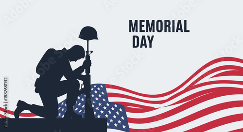 Memorial Day Soldier Silhouette Kneeling by US Flag, Remembering Fallen Heroes