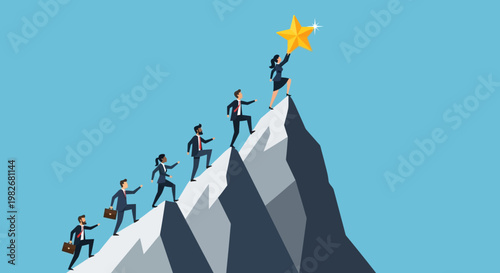 Business people climbing mountain peak reaching golden star success.
