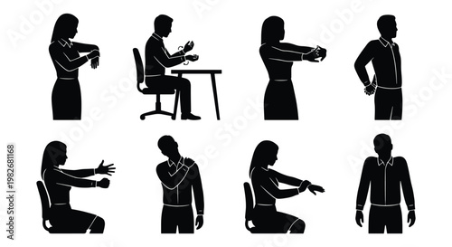 Office stretching exercises silhouette set, 8 business people doing desk yoga and ergonomic movements, physical therapy for workplace wellness