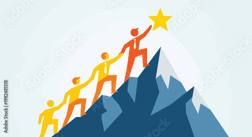 Team climbing mountain reaching for star symbolizing success.