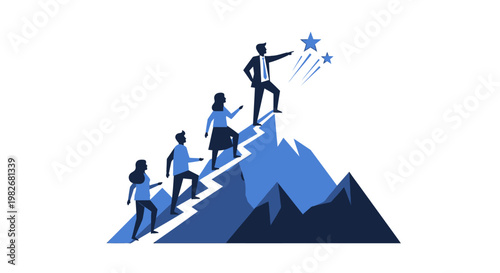 Team climbing mountain reaching for stars success concept.