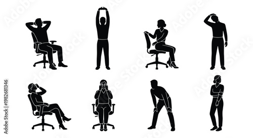 Office stretching exercises silhouette set, 8 icons of business people doing desk yoga and ergonomic movements, workplace wellness vector collection