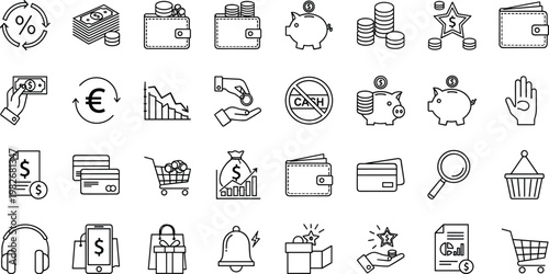 Finance and Money Line Icons Collection with Wallet, Piggy Bank, Shopping Cart, Coins and Payment Symbols Vector Illustration Set