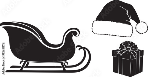 Christmas icons including sleigh hat and gift box