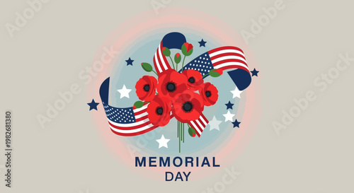 Memorial Day Poppies and American Flags Arrangement with Stars