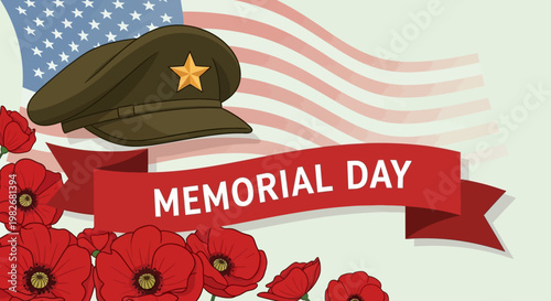 Memorial Day Red Poppies American Flag Military Cap Red Ribbon Banner