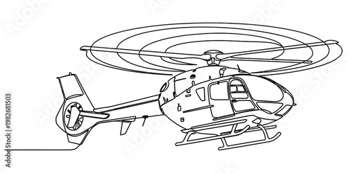 A simple black and white line drawing of a helicopter featuring a rotating main rotor overhead