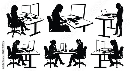 Professional business woman silhouette set, office worker at desk with computer and laptop, female employee working in corporate environment vector