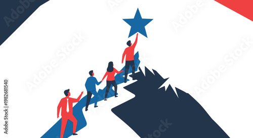 Team climbing mountain towards star symbolizing success.