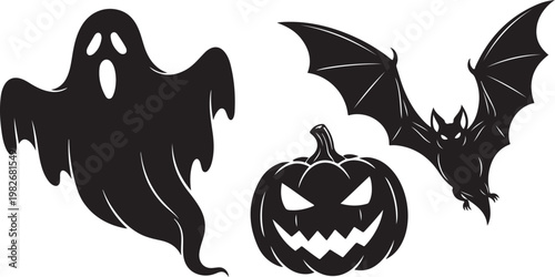 Halloween icons including ghost, bat, and pumpkin silhouette