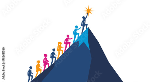 Team climbing mountain towards success star goal.