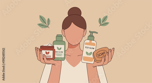 Woman holding eco-friendly skincare products and natural ingredients, promoting clean beauty and organic self-care routines