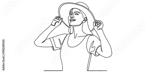A minimalist black and white line art drawing of a smiling woman wearing a large sun hat outdoors