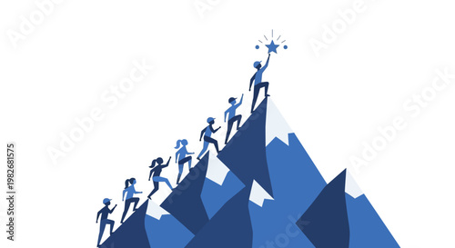 Team of people climbing a mountain towards a star.