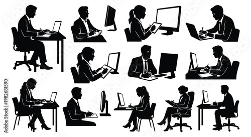 Professional business office silhouettes set, corporate employees working on computers and laptops, black and white vector collection of people at desks