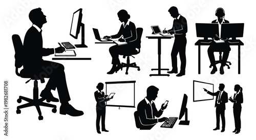 Business office people silhouettes vector set, professional employees working at desks with computers, corporate staff meeting and presentation icons