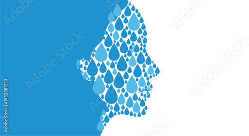 Abstract human face profile formed by an array of blue water droplets, depicting concepts of hydration, freshness, clean living, and natural essence