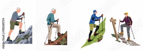 Set of flat vector illustrations featuring senior men and women hiking and mountain climbing with trekking poles on various terrains, isolated on white.