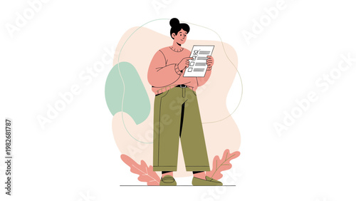 Woman checking a checklist, task completion, planning, organization, flat design illustration