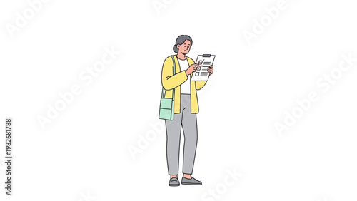 Woman checking a checklist on a clipboard, casual outfit, green bag