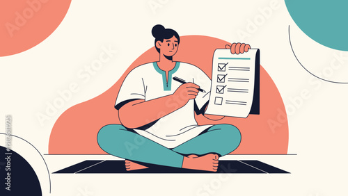 Woman checking off tasks on a to-do list while meditating in a lotus pose