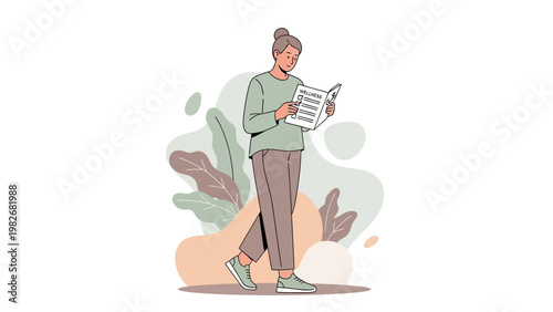 Woman checking wellness checklist while walking outdoors with plants