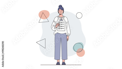 Woman holding checklist, completing tasks, planning, strategy, decision making, abstract background