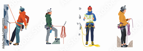 Collection of professional climbers and mountaineers in various poses with climbing gear, ropes, and maps, flat vector illustration isolated on white background