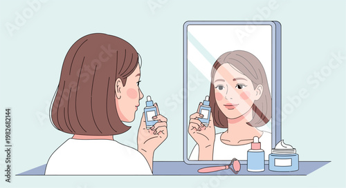 Woman gracefully applying facial serum while gazing at her reflection in the mirror, embracing a mindful daily beauty and self-care routine for healthy and glowing skin