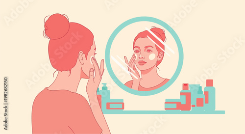 Woman Applying Skincare Product to Her Face While Looking in the Mirror