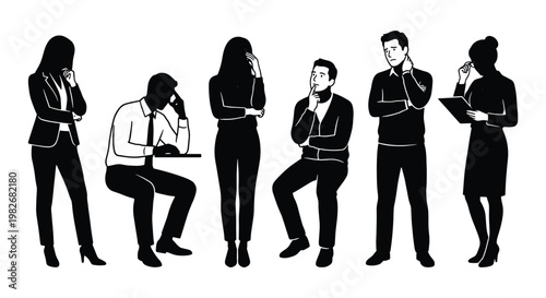 Minimalist business people silhouettes, professional office workers in thinking poses, black and white vector set of diverse corporate characters