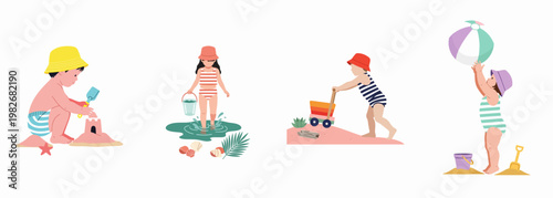 Collection of minimalist flat illustrations depicting four toddlers playing on the beach with sandcastles, buckets, toys, and a beach ball.