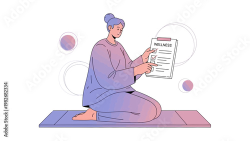 Woman Meditating with Wellness Checklist, Self-Care and Mental Health Concept