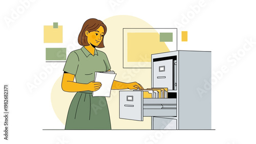 Woman organizing files in a filing cabinet, office work, document management, business administration