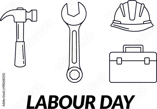 Labour day themed icons with tools and a hard hat