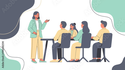 Business meeting with diverse team, woman leading presentation, modern office setting