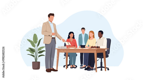 Business meeting with diverse team, presenter leading discussion around table