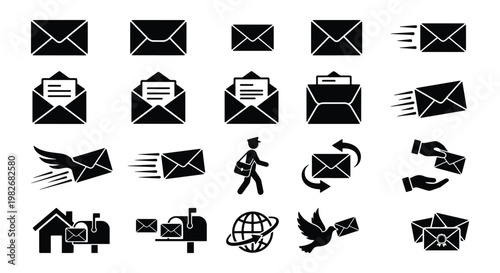 Black mail icons set, vector envelope and message symbols, postal service and email communication elements for business web design