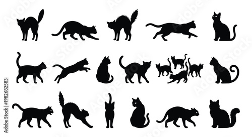 Принти на полотні Black cat silhouettes collection, set of 15 feline vector icons in various poses