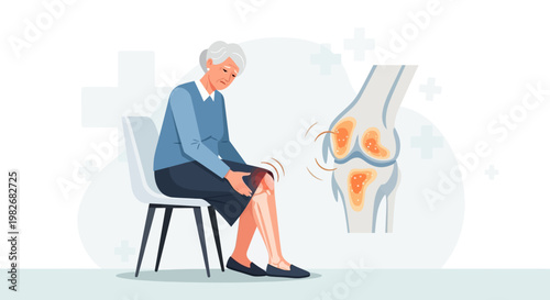 Elderly Woman Suffering from Knee Pain and Arthritis, Joint Inflammation Illustration