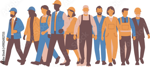 Diverse group of people in various occupations walking together in a line