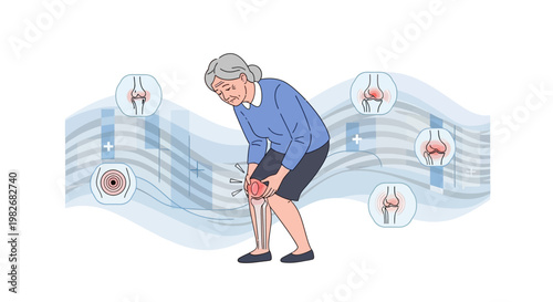 Elderly woman suffering from knee pain and arthritis, joint inflammation, medical illustration
