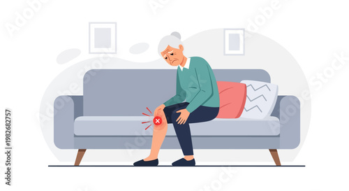 Elderly Woman Suffering from Knee Pain, Arthritis, and Joint Discomfort on Sofa