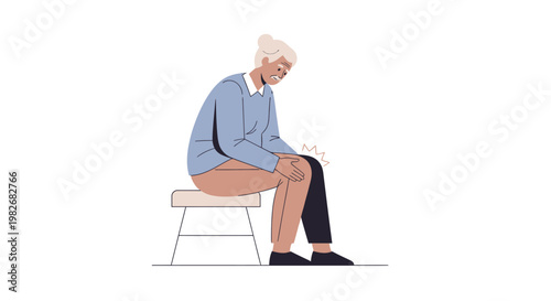 Elderly Woman Suffering from Knee Pain, Arthritis, and Joint Discomfort Sitting on a Stool